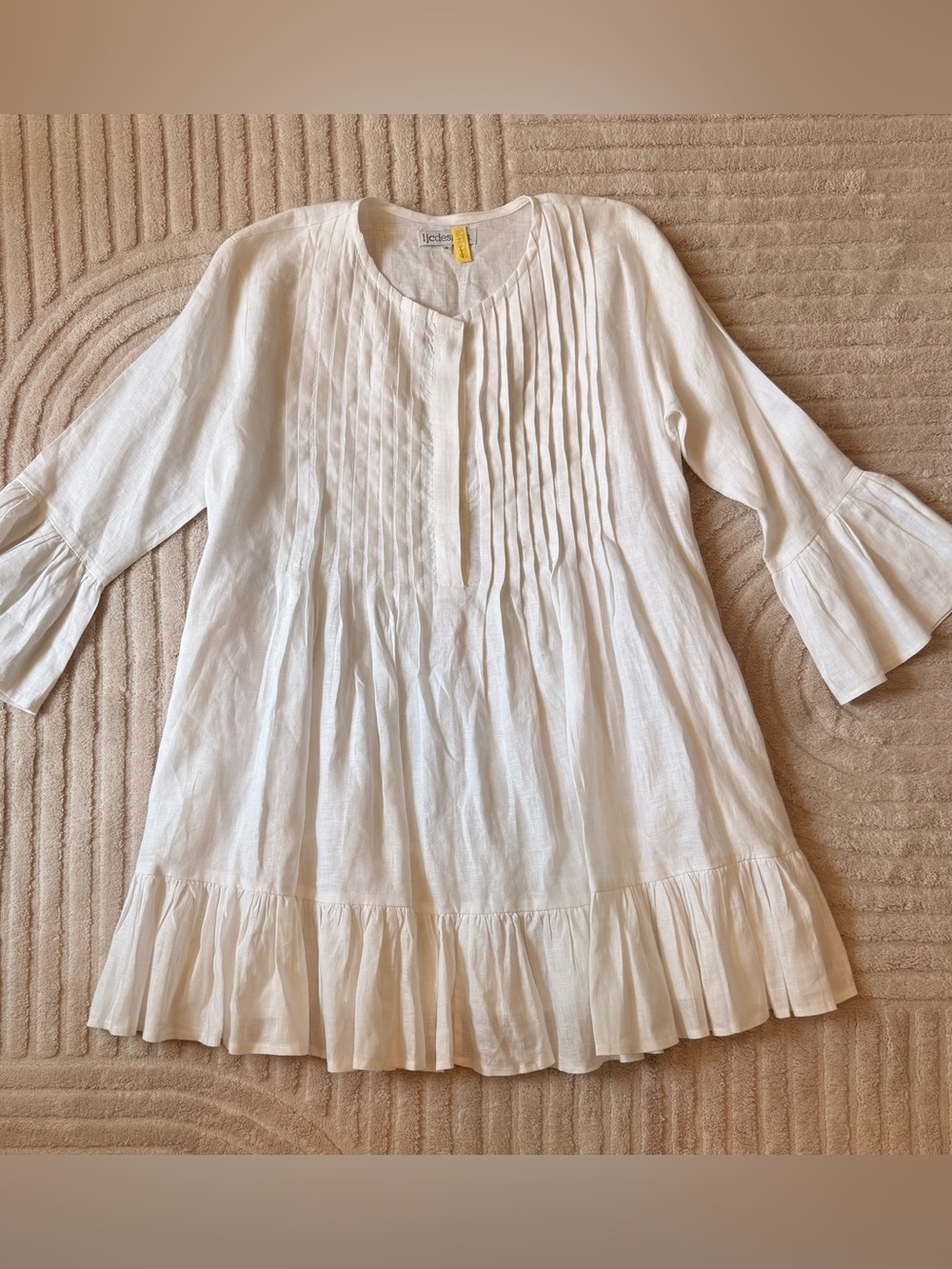 White Linen Pintuck Mini Dress with Ruffle Hem